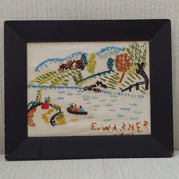 Vintage 1970's Handmade Crewel Fall Country Farm Scene Wood Framed Art Signed - Picture 1 of 11